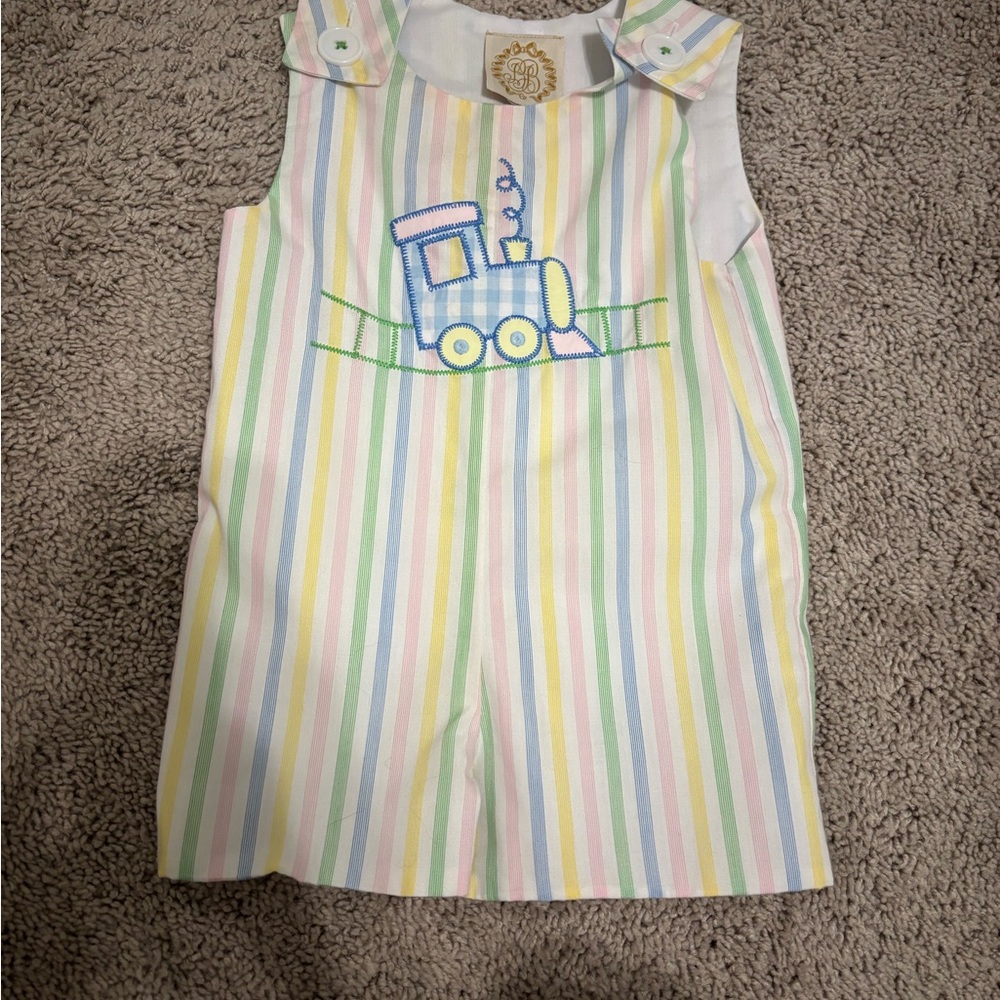 Beaufort bonnet co Striped Pastel Baby Romper with Train Embroidery